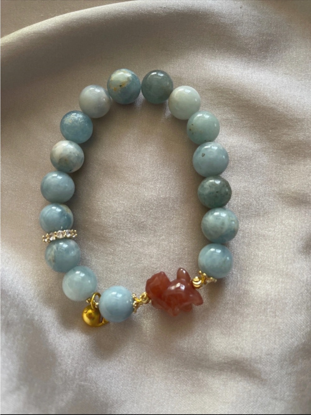 Handmade Aquamarine Beaded Bracelet w/kitty sakura agate Charm